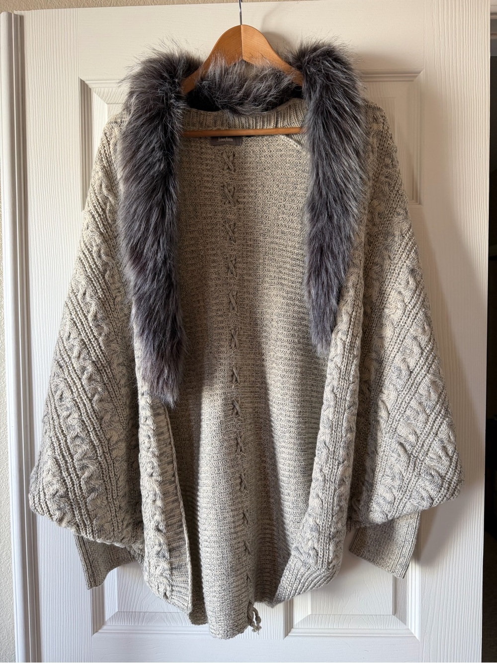 Neiman Marcus Faux Fur Cable Knit Oversized Cocoon Cardigan - Grey
